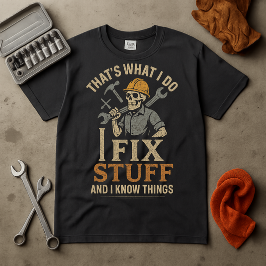 Funny Fix-It Tee - I fix things I know stuff skeleton